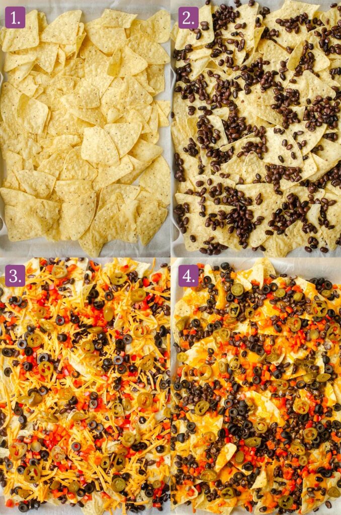 Steps for layering toppings on the nachos.