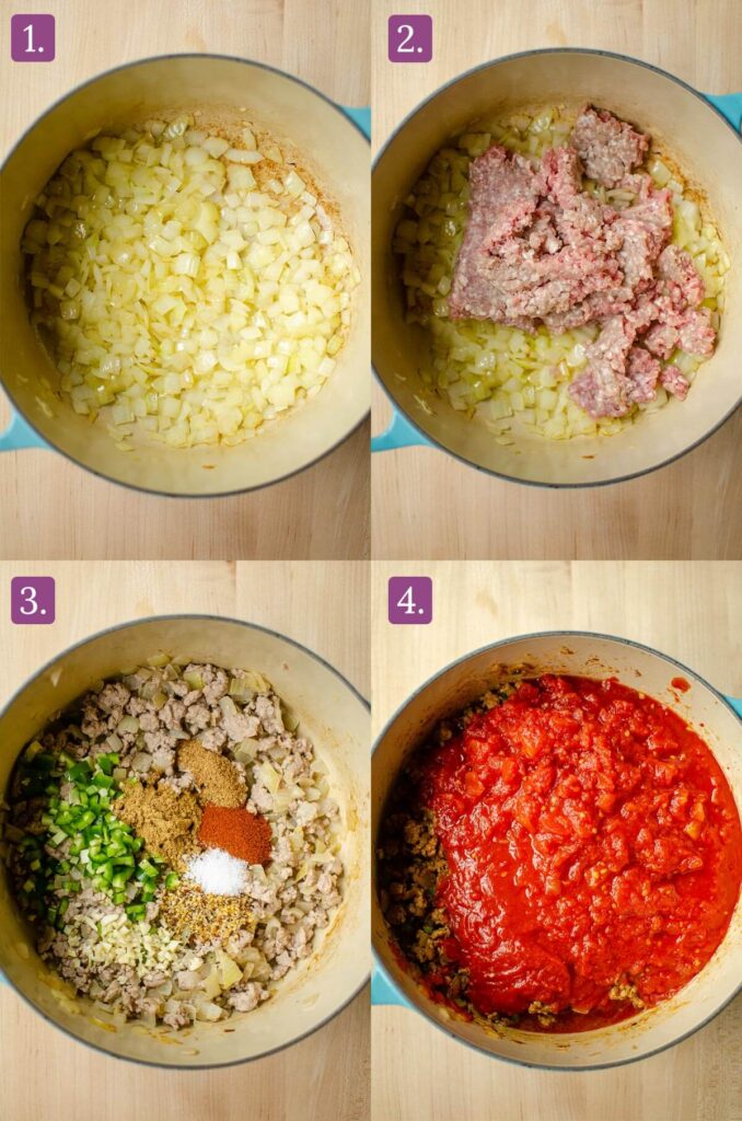 First four steps for making the chili. Browning onions and beef, adding spices and adding the tomatoes.