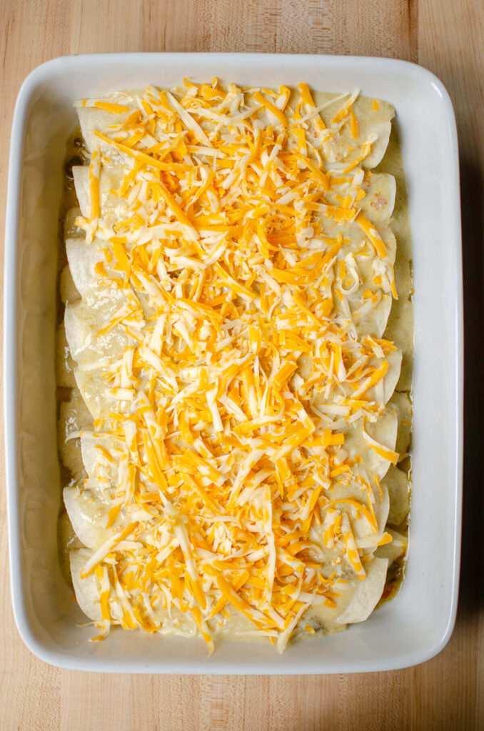 White baking dish with enchiladas with shredded cheese on top before baking.