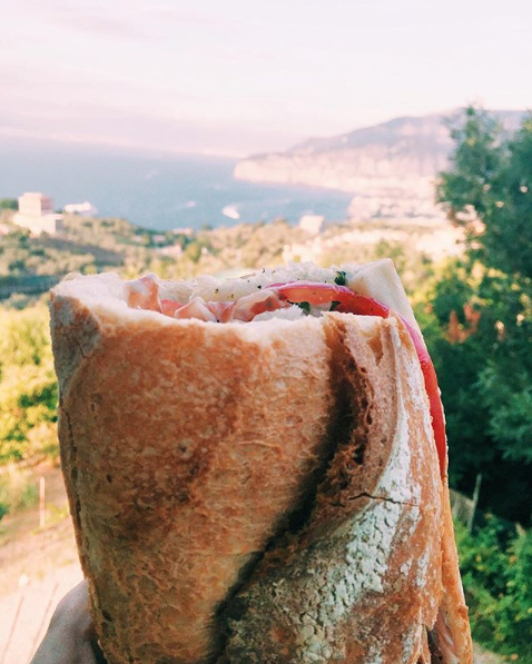 Prosciutto and mozzarella sandwich in Italy.