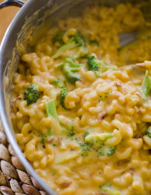 Closeup of chipotle macaronic and cheese with broccoli in pot