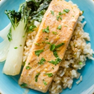 Plate of poached salmon with a curried coconut milk broth with brown rice, bok choy and fresh cilantro.