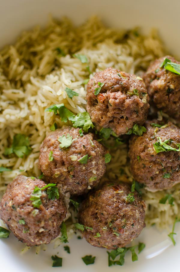 Closeup Korean beef meatballs on a bed of jasmine rice, 