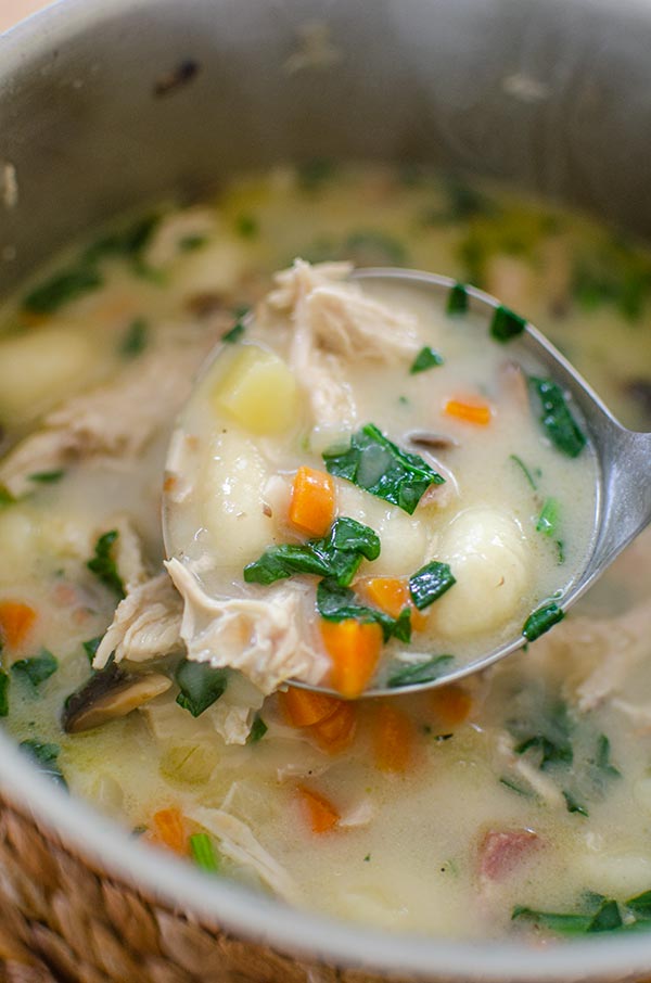 A ladle full of chicken gnocchi soup