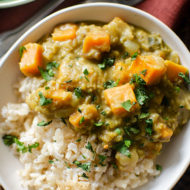 Closeup of sweet potato and lentil curry