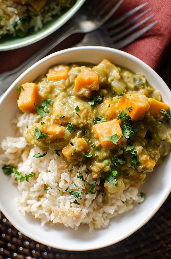 Closeup of sweet potato and lentil curry