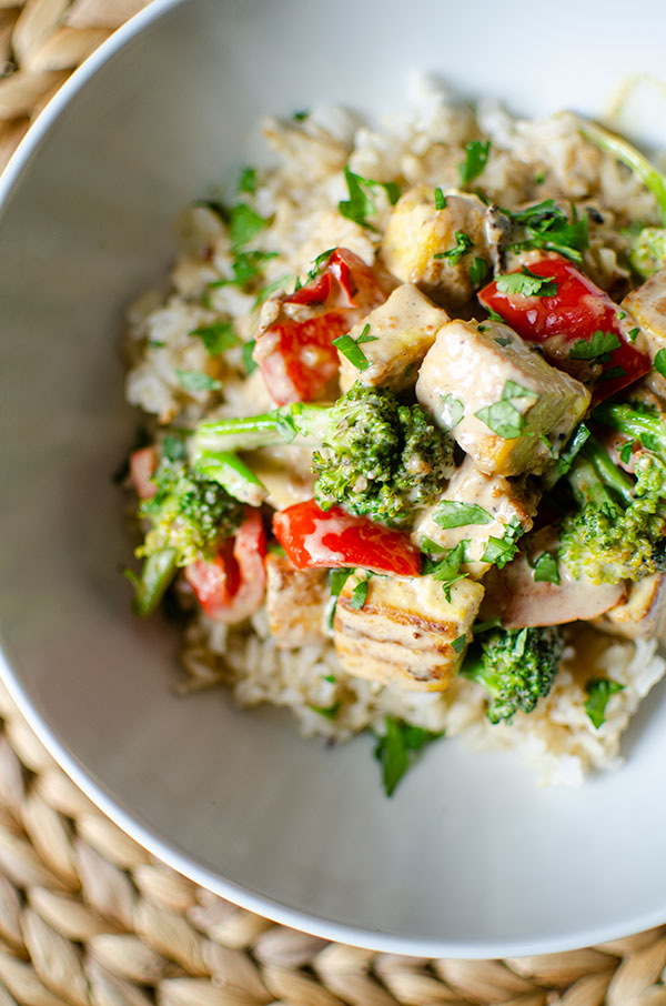 Tofu stir fry in a white bowl