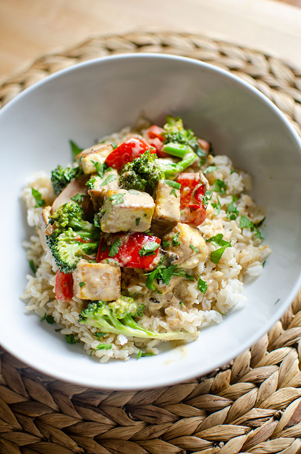 Long shot of finished stir fry in a white bowl