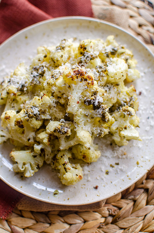 Closeup of pesto cauliflower on a plate