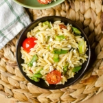 A serving of orzo salad