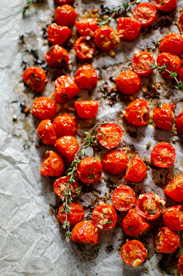 Roasted tomatoes on a baking sheet