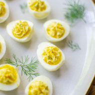 closeup of deviled eggs on a plate