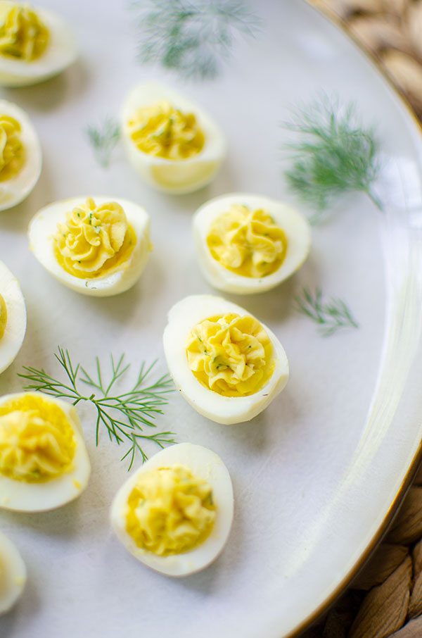 closeup of deviled eggs on a plate