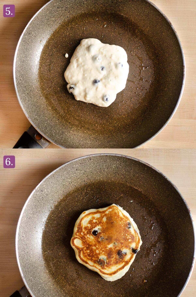 A pancake being cooked in a non-stick skillet