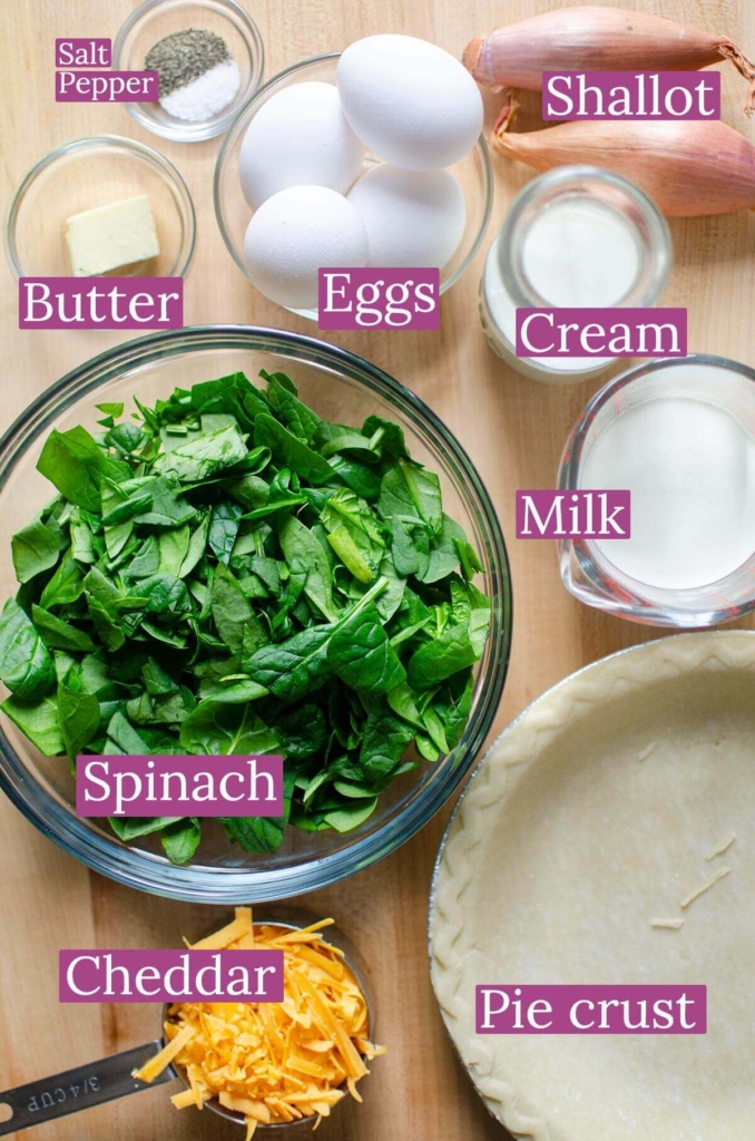 labeled ingredients including spinach, pie crust, cheese, eggs, cream milk and shallots