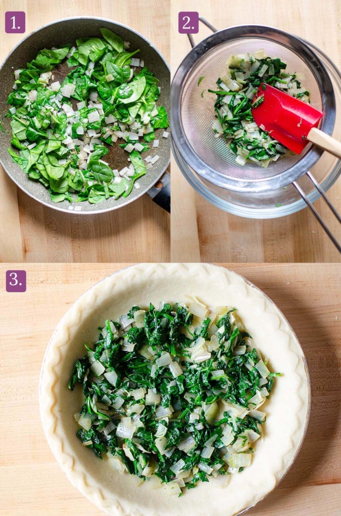 First three steps for making the quiche: sauteing spinach and shallot, squeezing out liquid and adding to blind baked crust