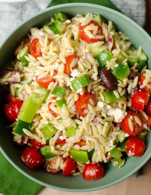 Serving bowl of orzo salad