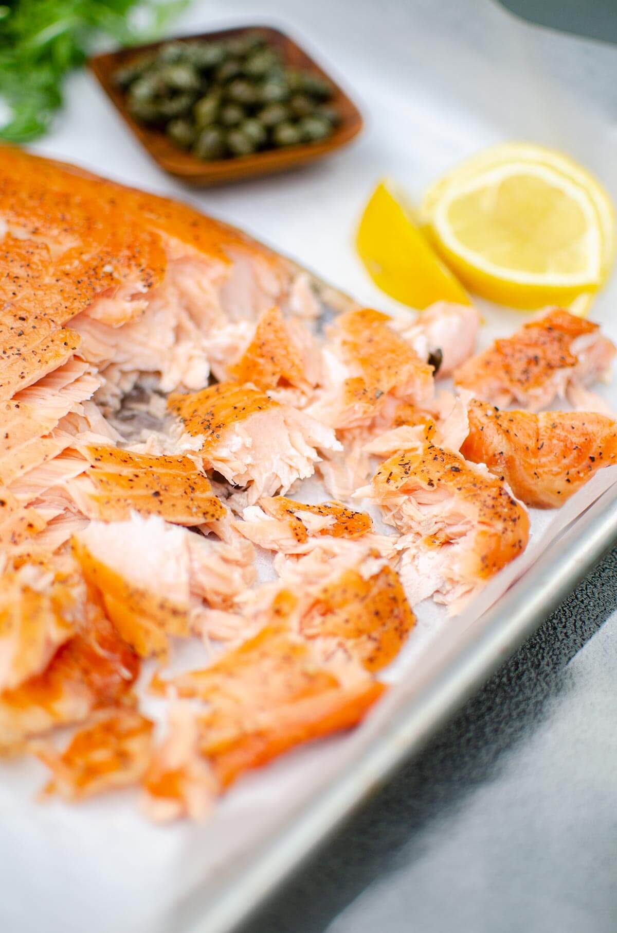 Closeup of flaked, smoked fish