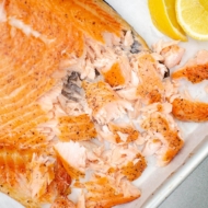 Closeup of flaked, cooked hot smoked salmon