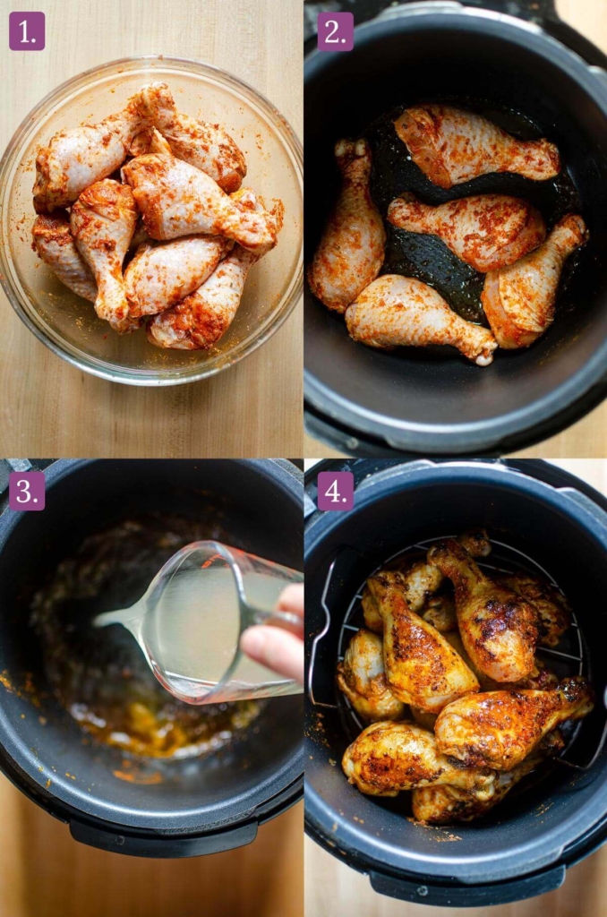 Step by step photos for making the drumsticks including tossing in a spice rub, searing in the Instant Pot and pressure cooking them.