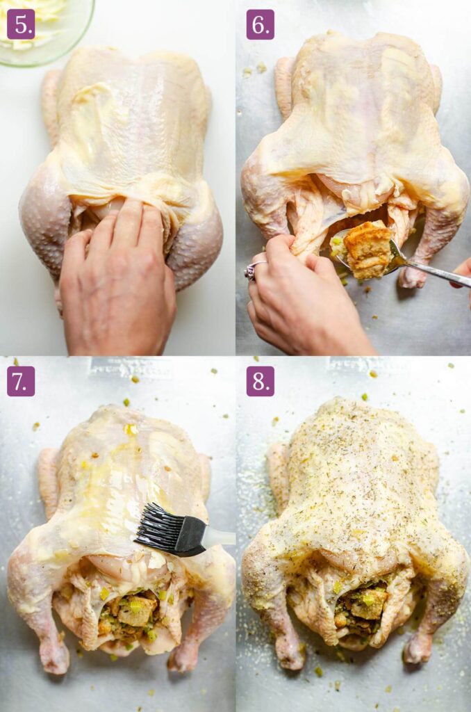 Steps for stuffing the chicken and rubbing butter under the skin.