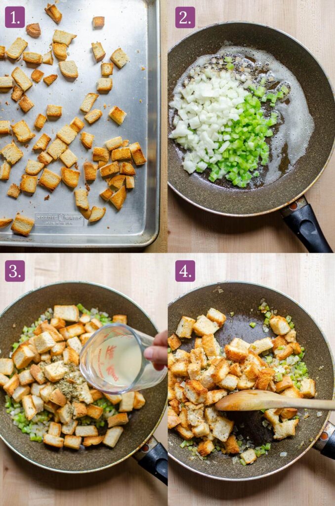 Four steps for making stuffing including toasting the bread cubes, sauteing onions, celery garlic, adding the bread cubes and stirring with chicken broth. 