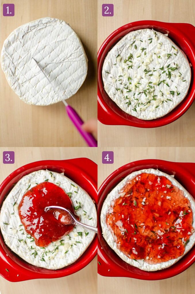 Four steps for making baked brie, sprinkling with garlic, thyme and spreading jam overtop.