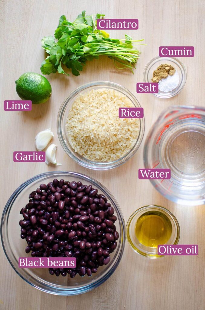 Ingredients for cilantro lime rice with black beans.