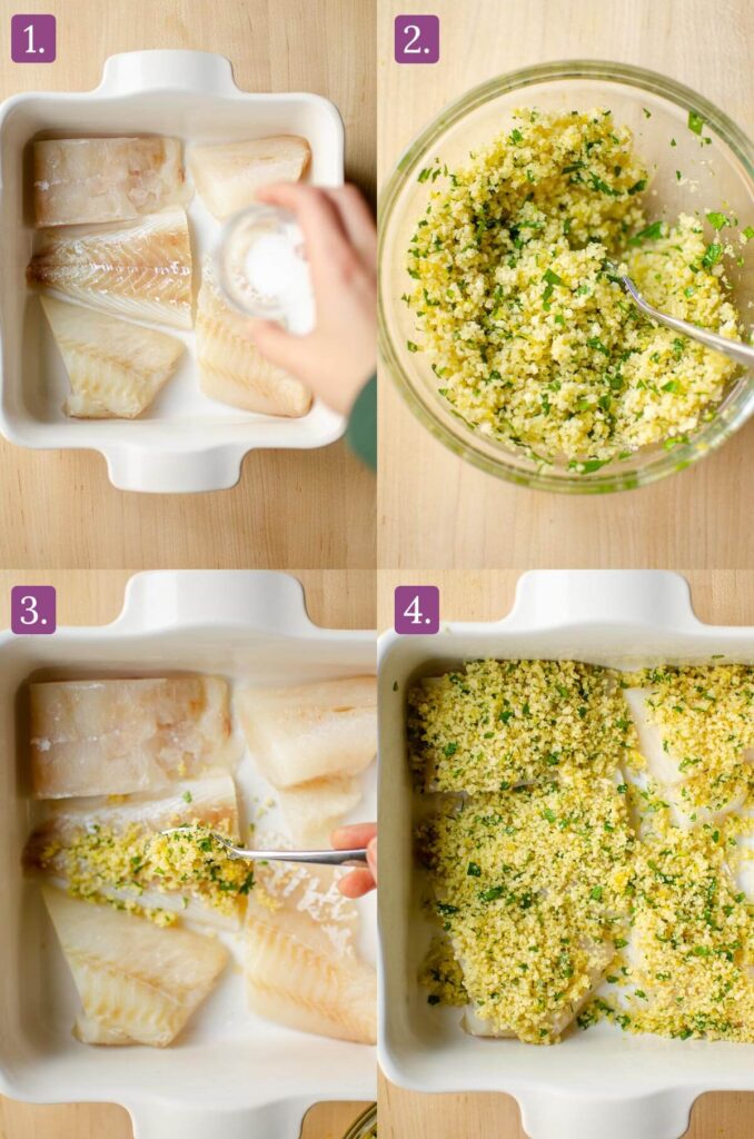 Four steps for making baked cod.