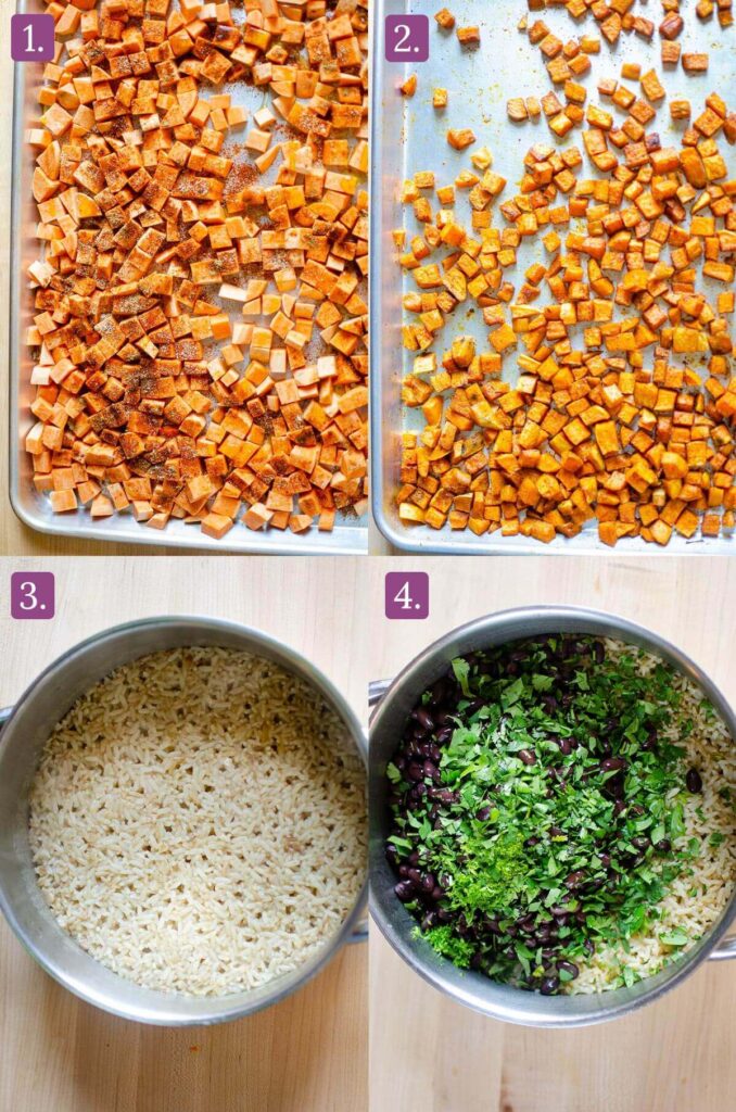 Step by step instructions for roasting sweet potatoes and making black bean cilantro lime rice.