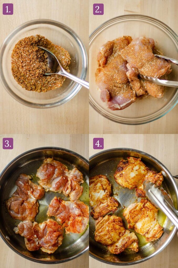 Steps for cooking the chicken in a stainless steel pan.
