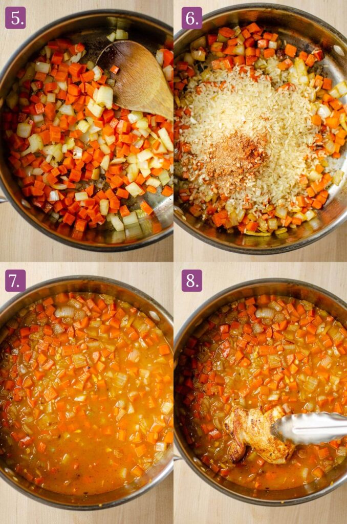 Steps for cooking the vegetables and rice.