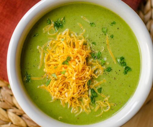 Closeup of soup in a white bowl.