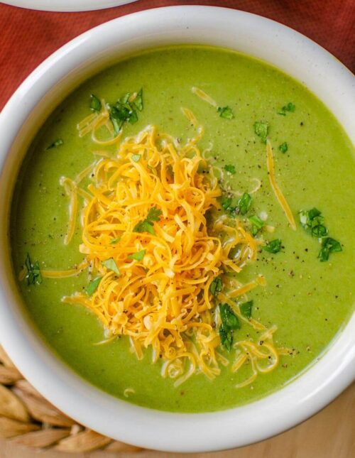 Closeup of soup in a white bowl.