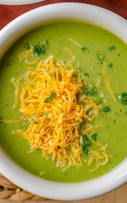 Closeup of soup in a white bowl.