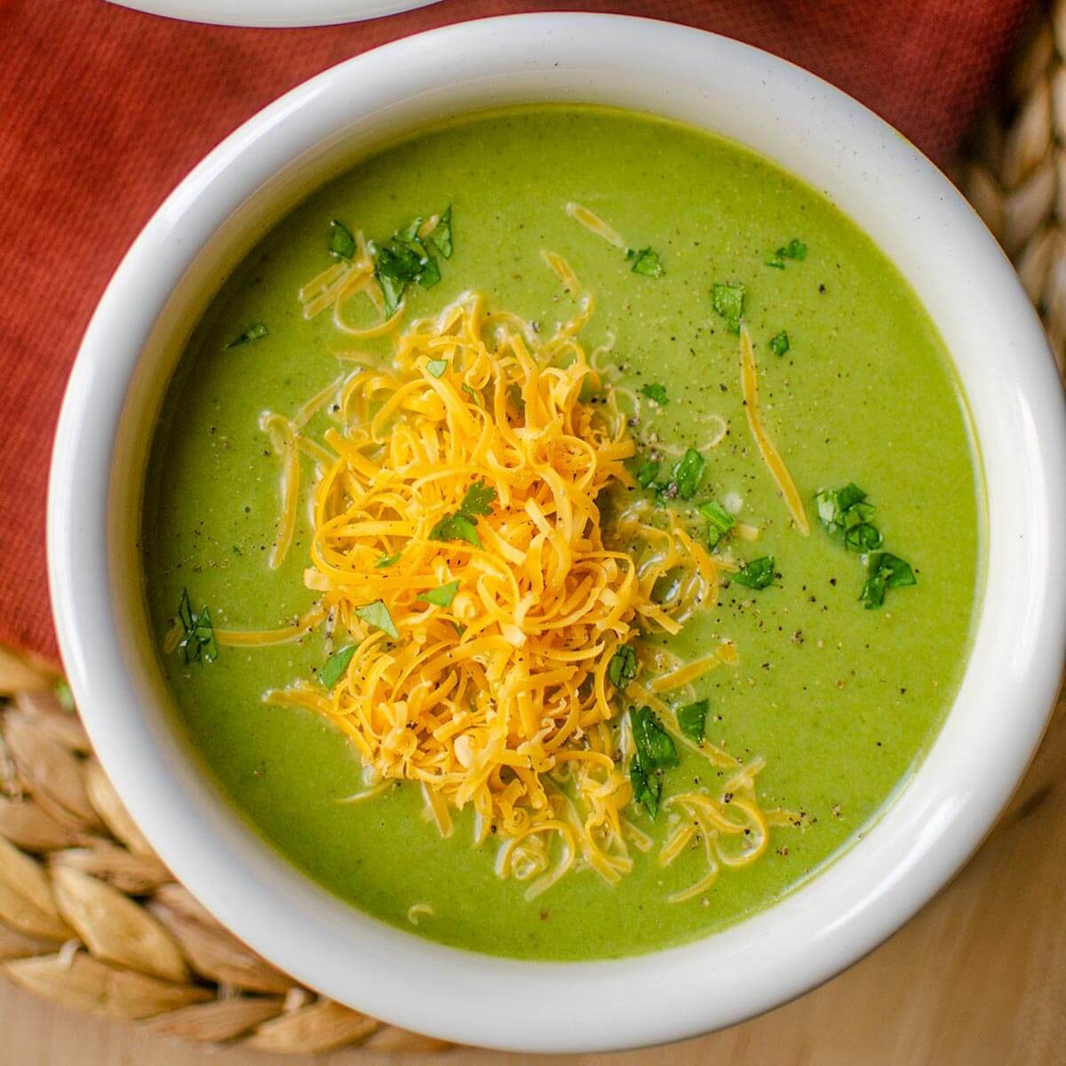 Closeup of soup in a white bowl.