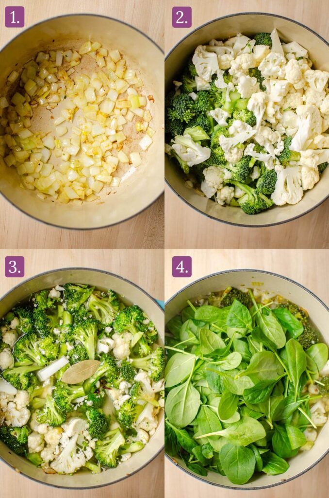 Steps for making soup, sauteing onions and garlic, adding vegetables, boiling them and stirring in spinach.