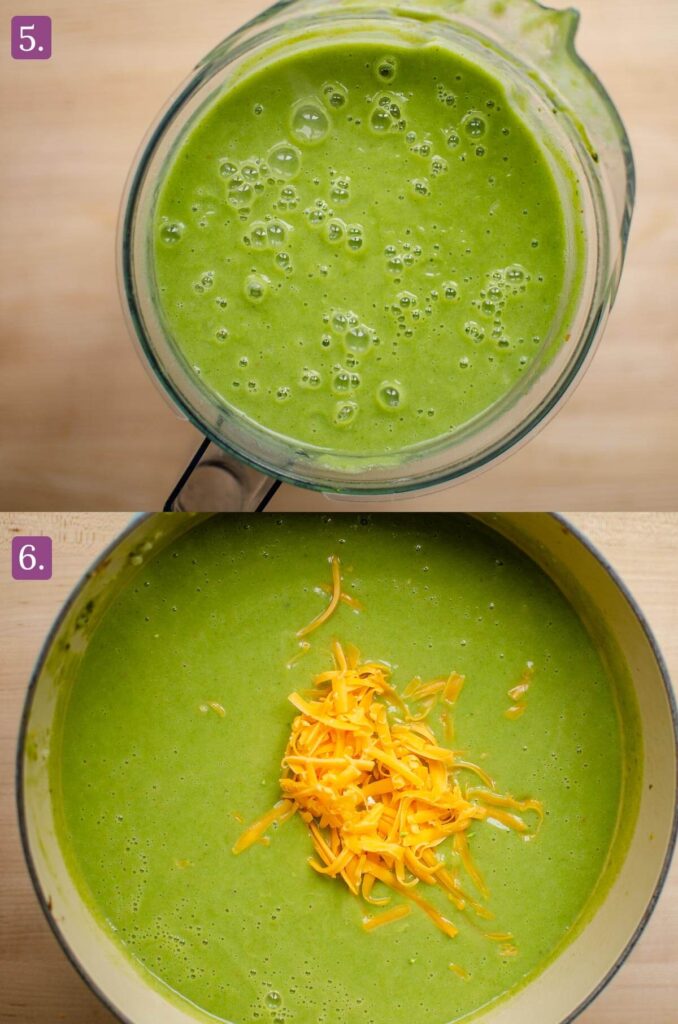 Soup pureed in a blender. Pot of soup with cheddar cheese.