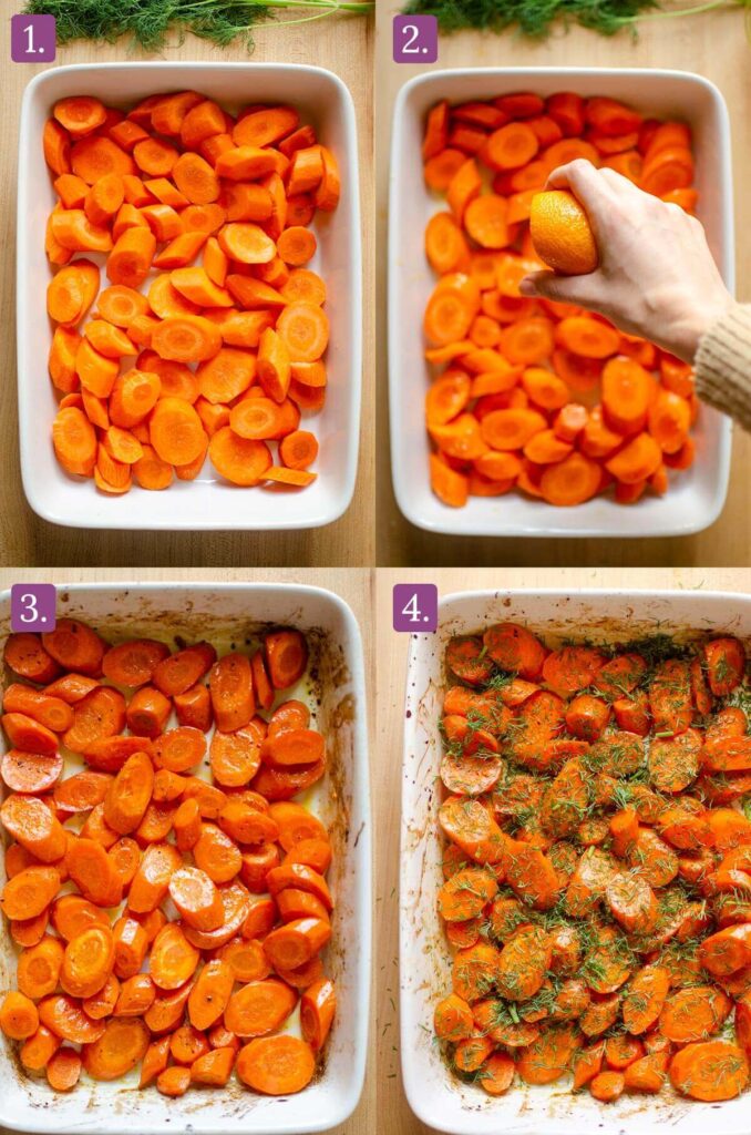 Four steps for making roasted dill carrots.
