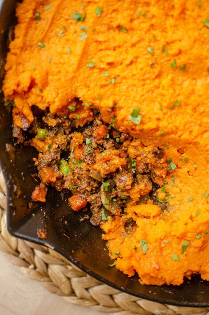 Closeup of a piece of sweet potato shepherd's pie.