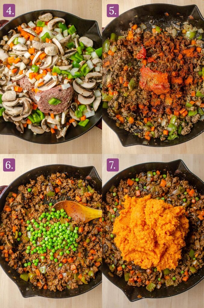 Step by step instructions for making the beef and vegetable filling.