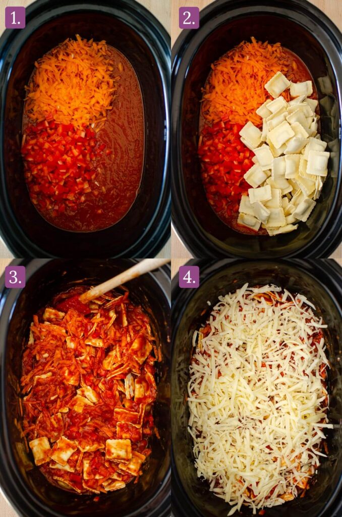 Steps for making lasagna in the crockpot with ravioli.