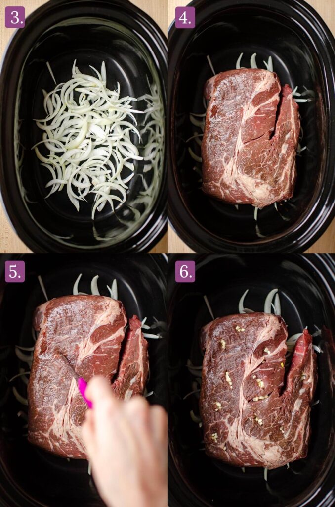 Next steps for making pulled beef. Beef is in the slow cooker insert, with onions. Next using a knife to poke holes in the beef and studding them with garlic.