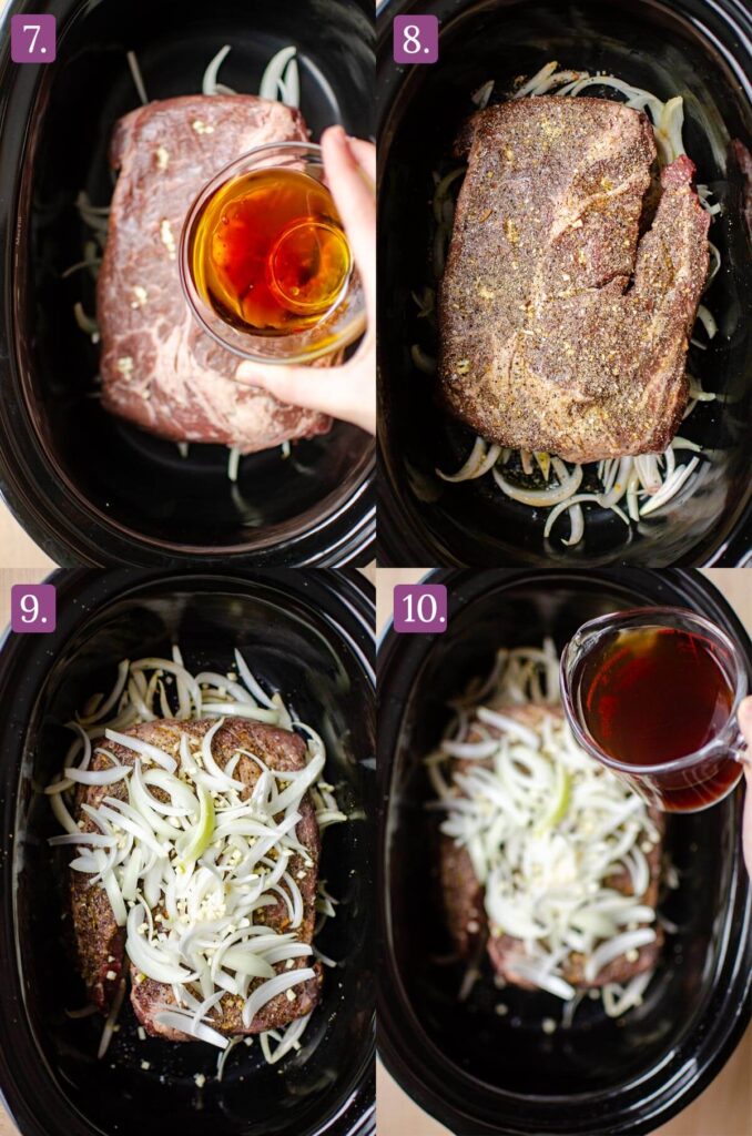 Steps for beef. Pouring the vinegar mixture over top of the beef, sprinkling with the spice rub, topping with onions and adding beef broth.