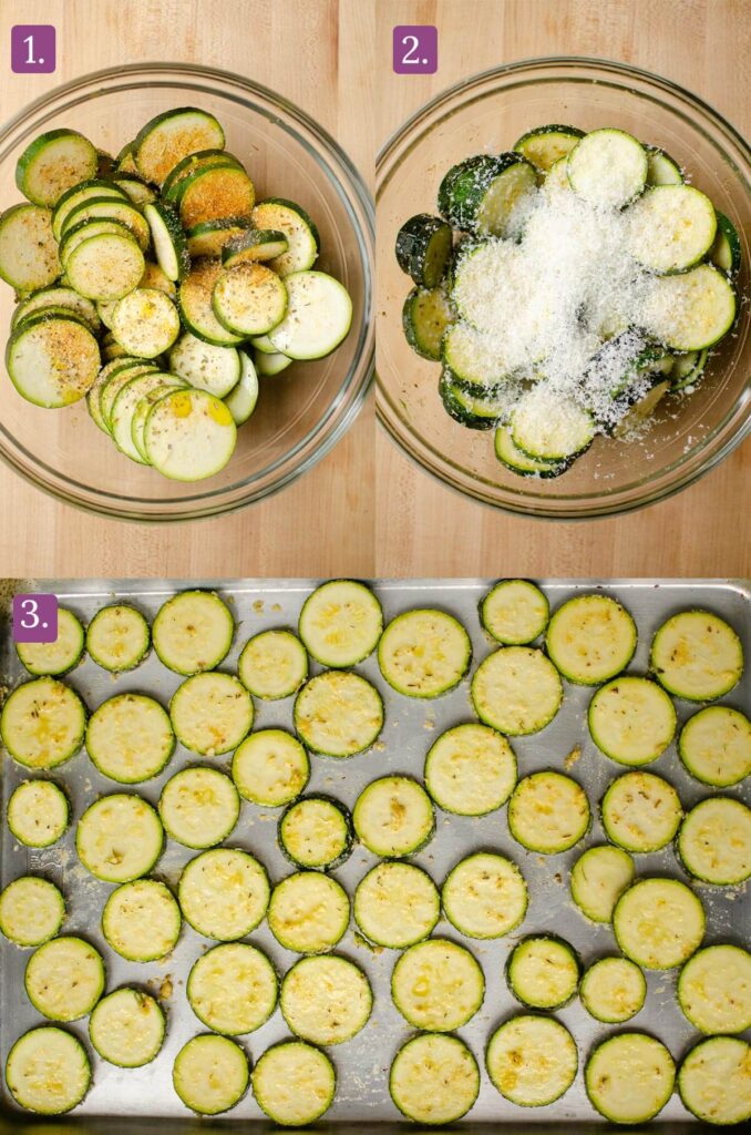 Step by step instructions for making baked zucchini slices.