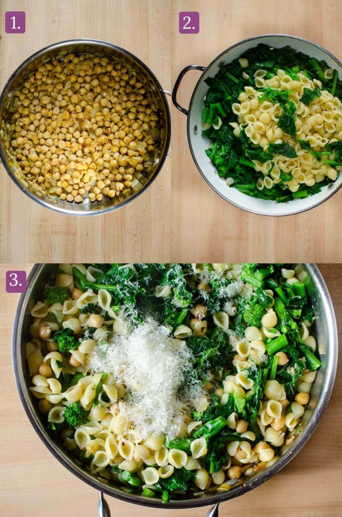 Three key steps for making the pasta: cooking the aromatics in a pot, boiling the pasta and rapini together, finishing off with Parmesan cheese and lemon juice.