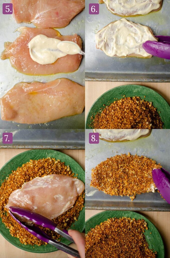 Steps for breading the chicken cutlets with panko and Parmesan topping.