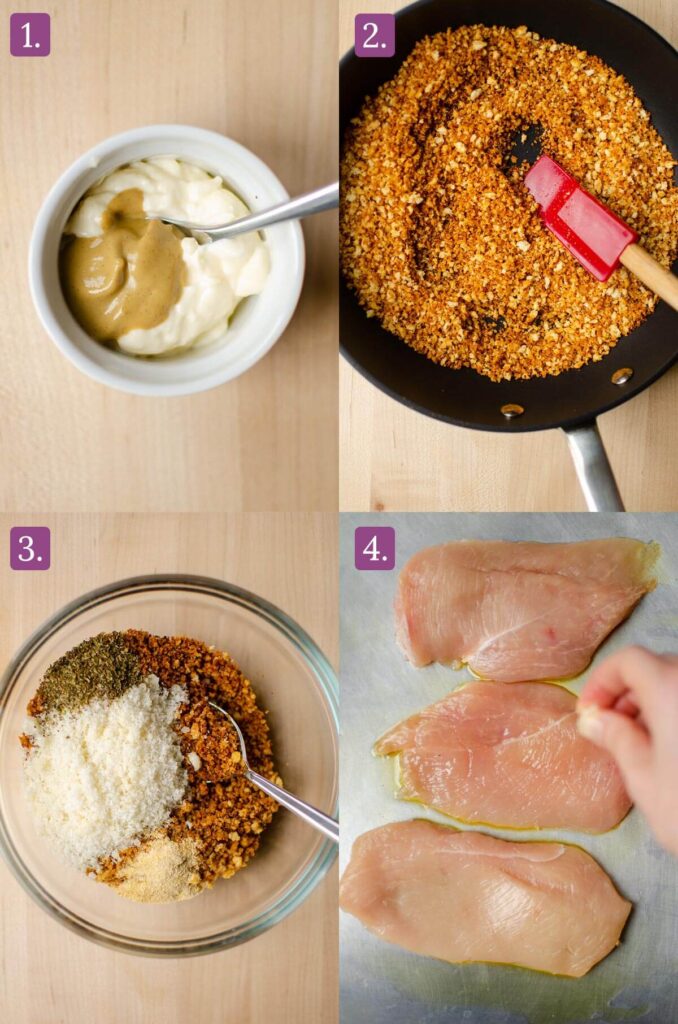 Steps for making panko topping for breaded chicken.