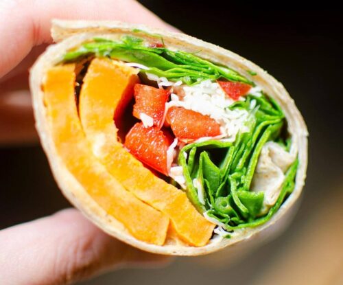 Closeup of sweet potato wrap.