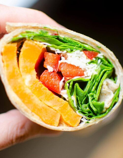 Closeup of sweet potato wrap.